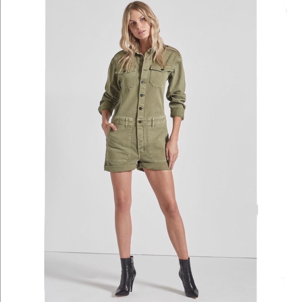 Current/elliott Denim Crew Button-front Romper In Covert Green